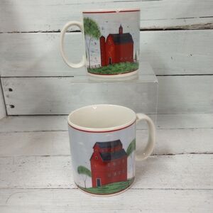 Warren Kimble Barns Mug Set 1998 Sakura NY Red Barn Farmhouse Country Coffee Tea